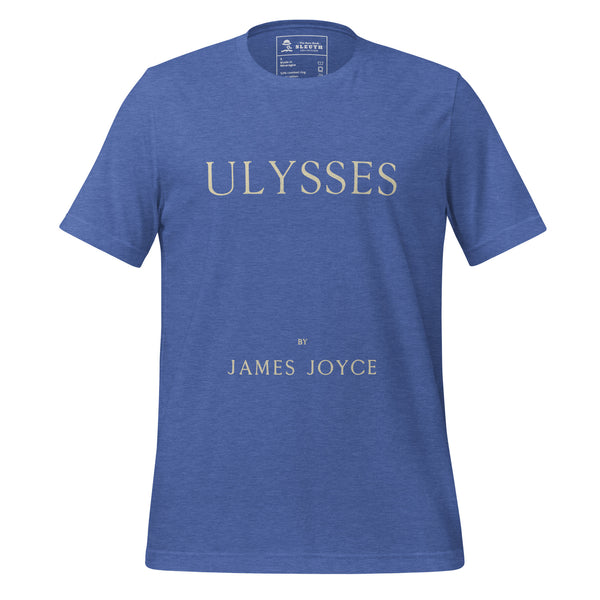 Front view of literary-inspired T-shirt featuring book cover artwork from James Joyce Ulysses royal blue