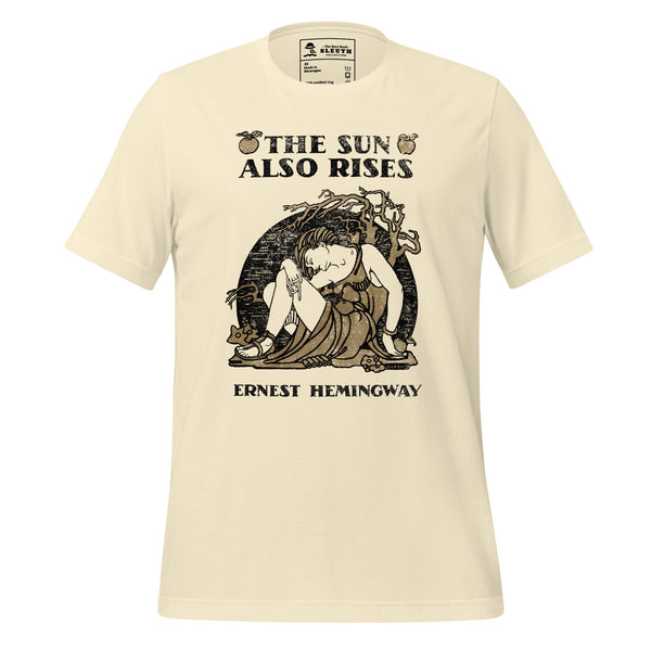 Front view of literary-inspired T-shirt featuring book cover artwork from Ernest Hemingway The Sun Also Rises 