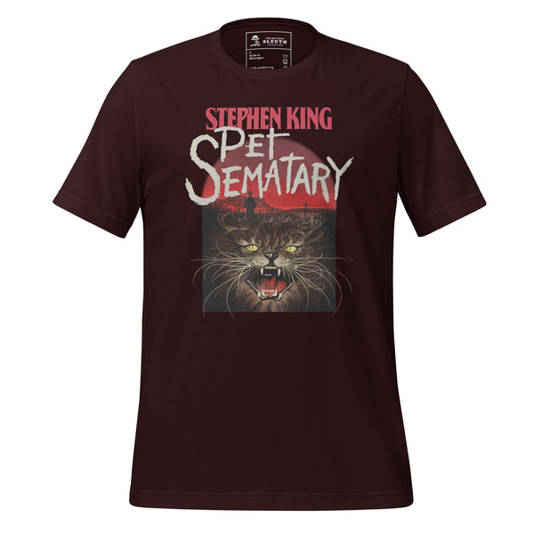 Front view of literary-inspired T-shirt featuring first edition book cover artwork from Stephen King Pet Sematary Oxblood Black 