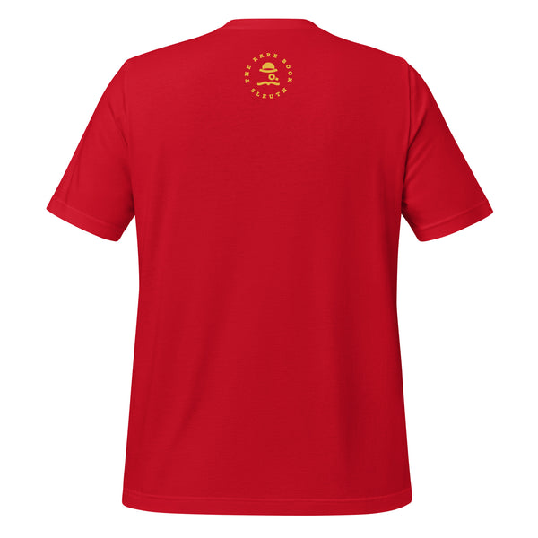 Back view of literary-inspired T-shirt featuring book cover artwork from J.D. Salinger The Catcher in the Rye red