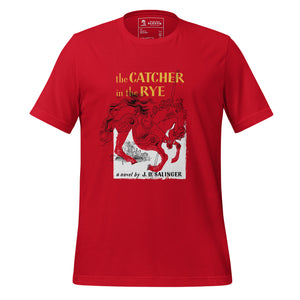 Front view of literary-inspired T-shirt featuring book cover artwork from J.D. Salinger The Catcher in the Rye red