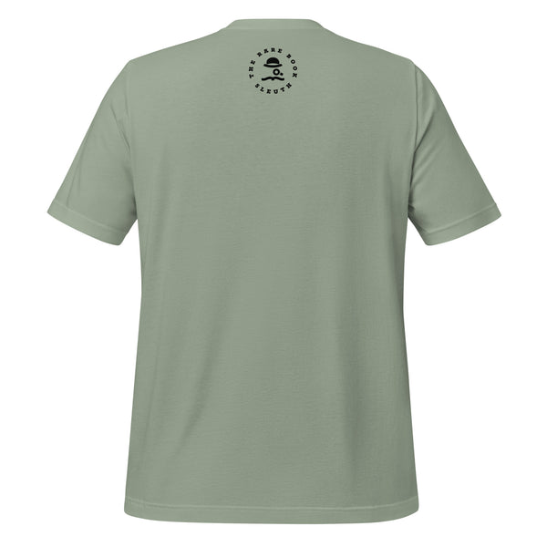 Back view of literary-inspired T-shirt featuring book cover artwork from Ernest Hemingway The Sun Also Rises sage