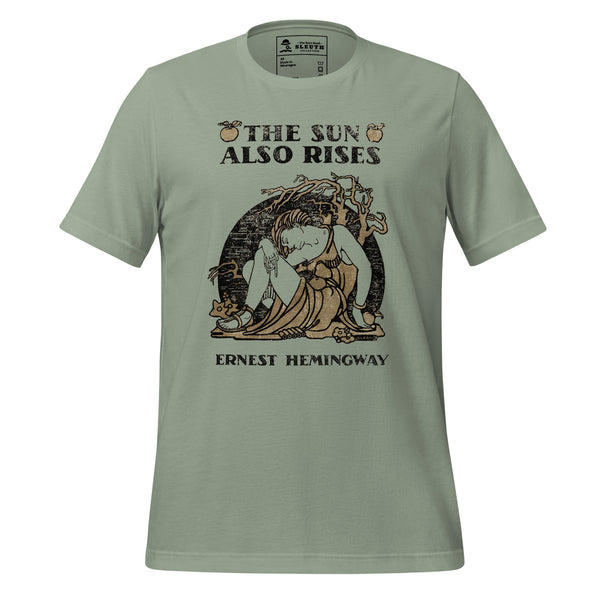 Front view of literary-inspired T-shirt featuring book cover artwork from Ernest Hemingway The Sun Also Rises sage