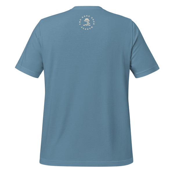 Back view of literary-inspired T-shirt featuring book cover artwork from James Joyce Ulysses steel blue