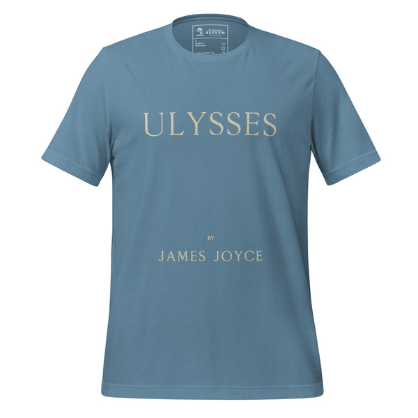 Front view of literary-inspired T-shirt featuring book cover artwork from James Joyce Ulysses steel blue