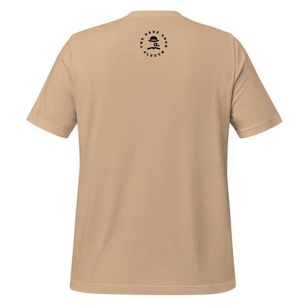 Back view of literary-inspired T-shirt featuring book cover artwork from Virginia Woolf A Room of One's Own tan