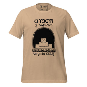 Front view of literary-inspired T-shirt featuring book cover artwork from Virginia Woolf A Room of One's Own tan