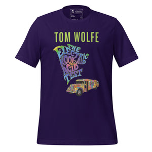 Front view of literary-inspired T-shirt featuring book cover artwork from Tom Wolfe The Electric Kool-Aid Acid Test purple