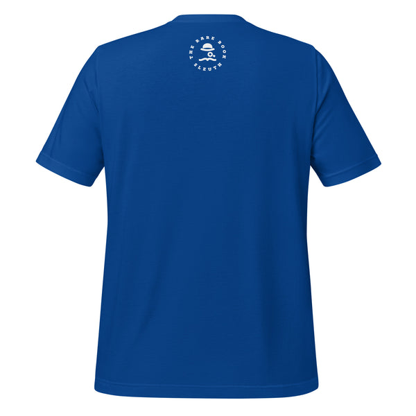 Back view of literary-inspired T-shirt featuring the book cover from The Greaty Gatsby by F. Scott Fitzgerald Royal Blue