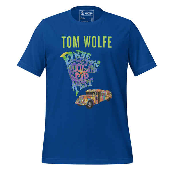 Front view of literary-inspired T-shirt featuring book cover artwork from Tom Wolfe The Electric Kool-Aid Acid Test blue