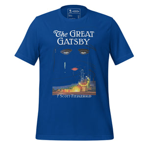 Front view of literary-inspired T-shirt featuring the book cover from The Greaty Gatsby by F. Scott Fitzgerald Royal Blue