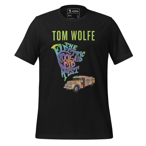 Front view of literary-inspired T-shirt featuring book cover artwork from Tom Wolfe The Electric Kool-Aid Acid Test black