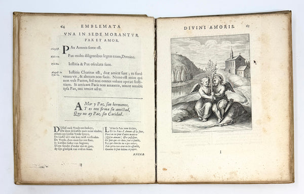 Amoris divini emblemata, peace and love emblem and open gutter, pages 64 and 65