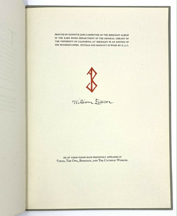 The Year's Declension, William Everson. Signed Limited First Edition ~ 1961.
