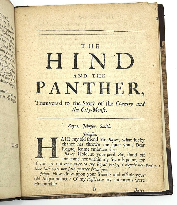 The Hind and the Panther Transvers'd To the Story of The Country-Mouse and the City-Mause Matthew Prior and Charles Montagu. First Edition.