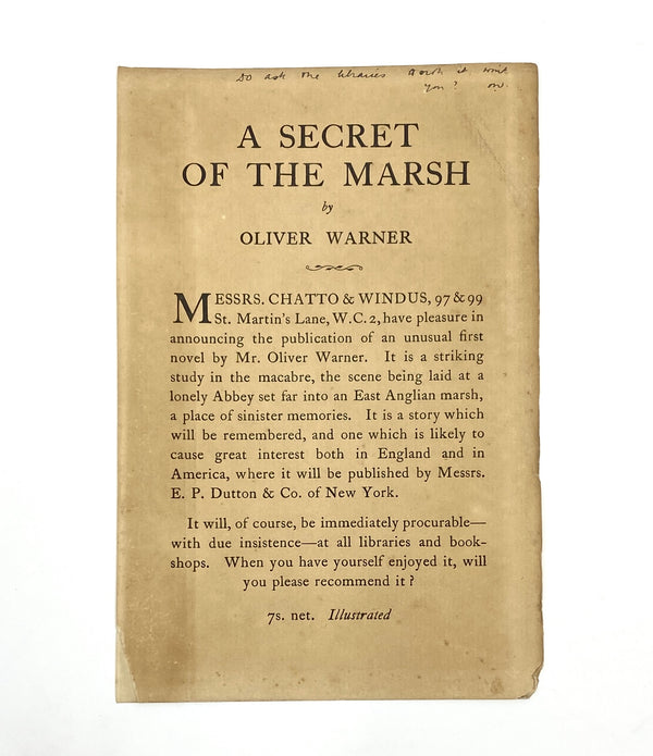 A Secret of the Marsh, Oliver Warner. Signed First Edition Review Copy.