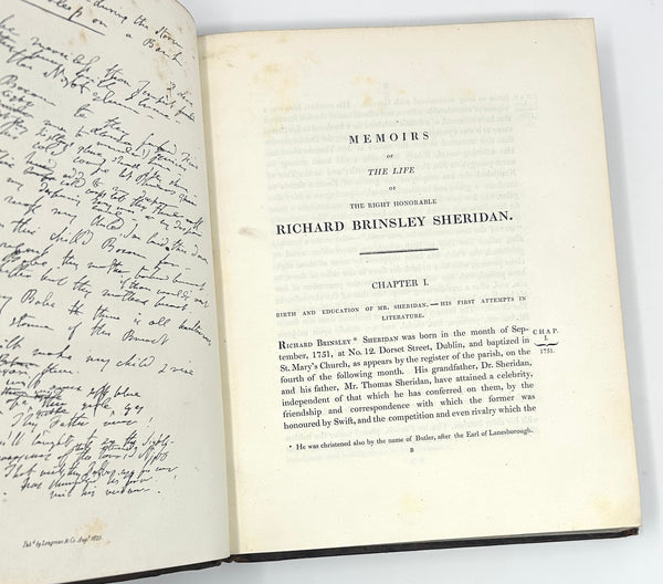 Memoirs of the Life of the Right Honourable Richard Brinsley Sheridan, Thomas Moore. First Edition. Chandos Leigh's Copy.