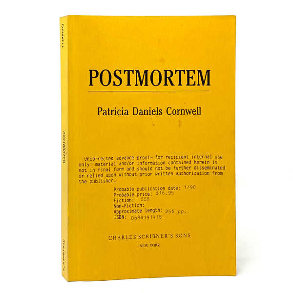 Postmortem, Patricia Cornwell. Uncorrected Proof ~ Sue Grafton's Copy.